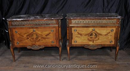 Pair French Empire Antique Chests Commodes Cherub Inlay